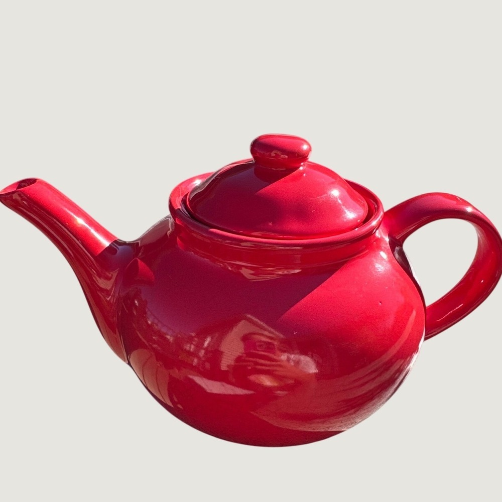World Market Red Ceramic Teapot Glossy Crimson Round Tea Pot with Lid